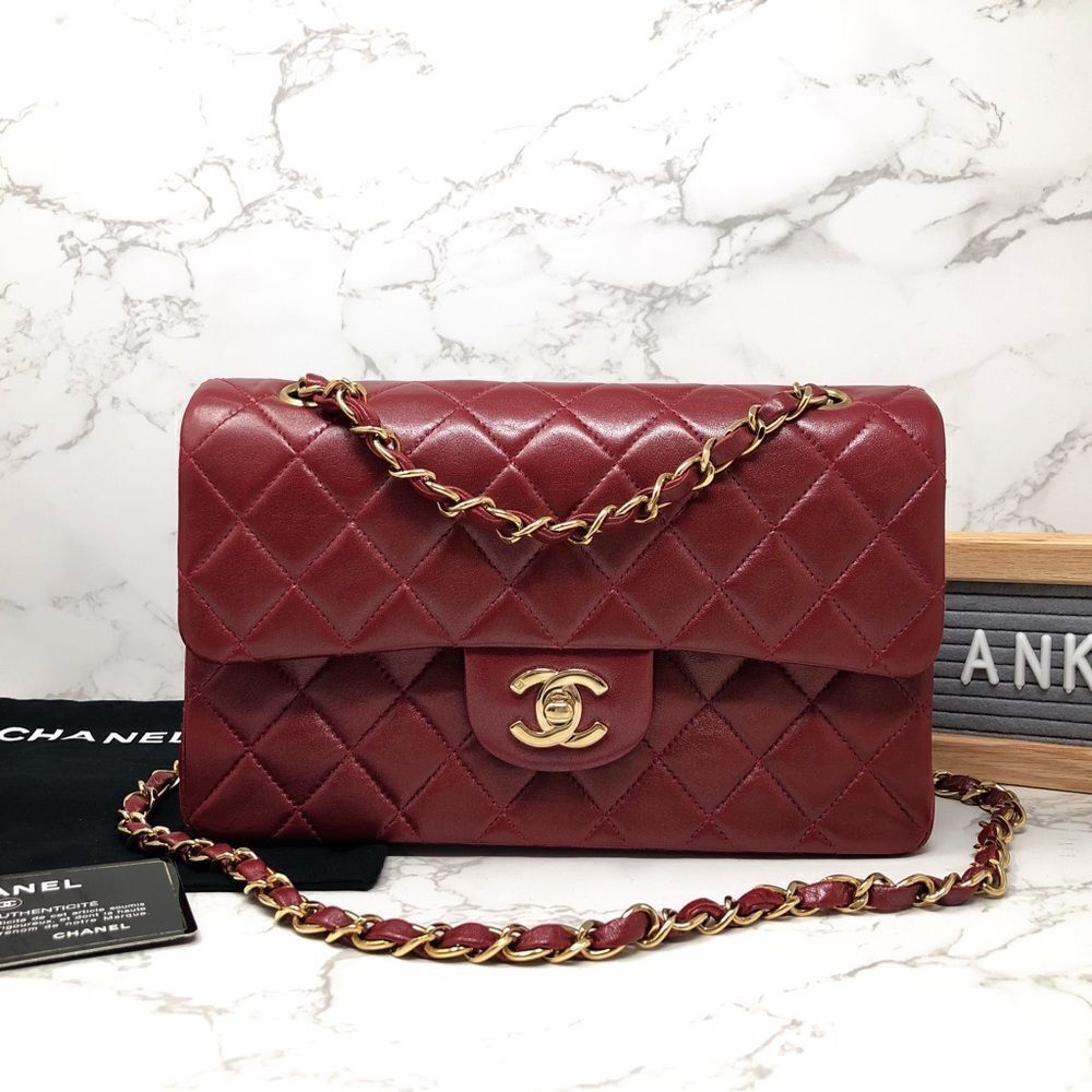 SOLD CHANEL Lambskin Red Iridescent Quilted Small Classic Flap 23cm Chain bag